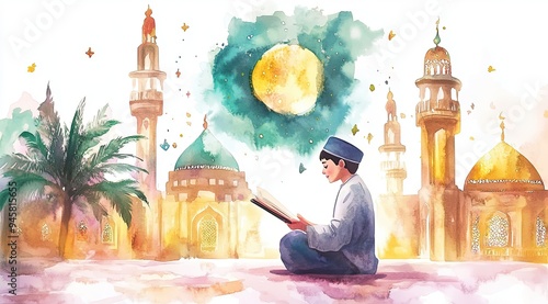 A watercolor-style illustration depicts a young boy with turban sitting on a prayer mat, reading the Quran in front of a grand mosque with golden domes and minarets  photo