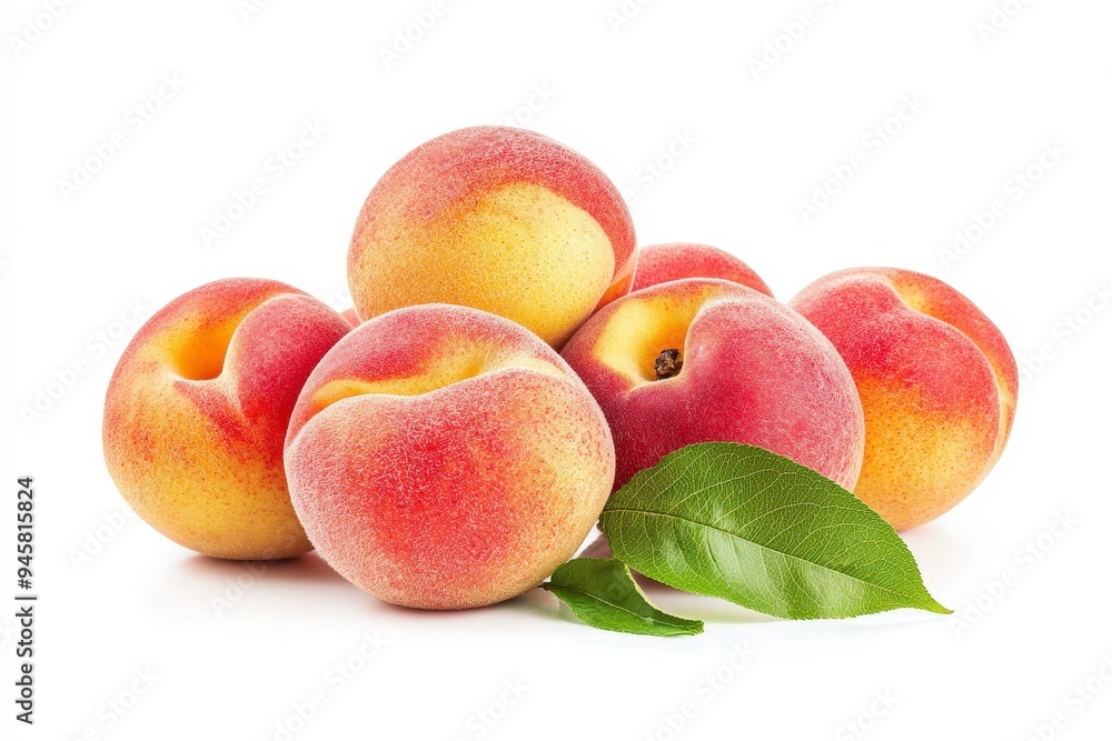 A cluster of fresh peaches with green leaves on a white background. A cluster of fresh peaches with green leaves on a white background.