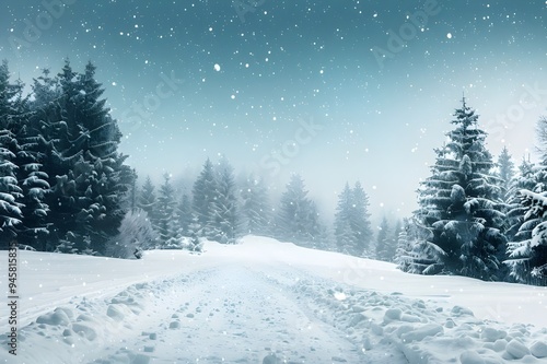 Snowy winter landscape with fir trees and road ( Filtered image processed vintage effect. - Generated AI