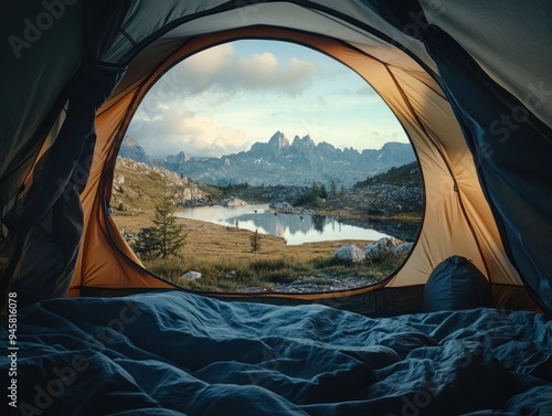 Looking out through an opening tent on a beautiful view mountains 