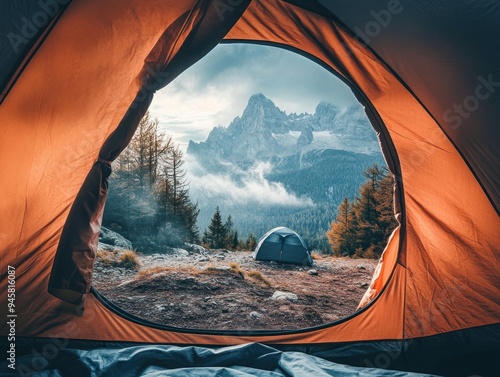 Looking out through an opening tent on beautiful mountains at sunset