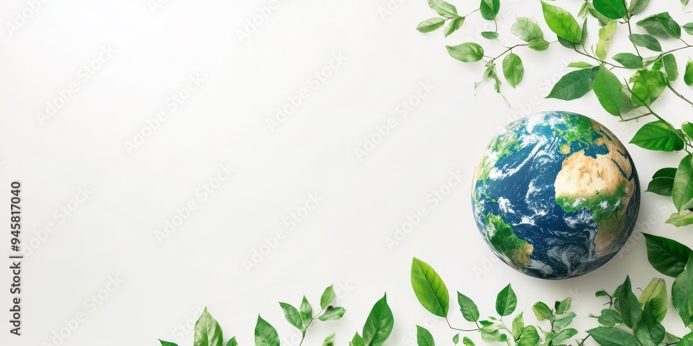 Promoting environmental awareness on Earth Day with a globe and green leaves on a white background Promoting environmental awareness on Earth Day with a globe and green leaves on a white background