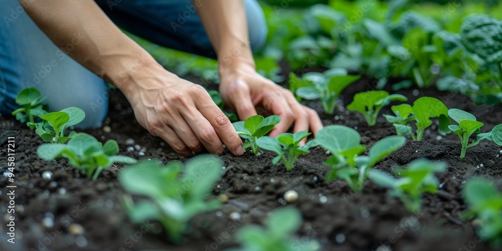 Hands engaged in planting and cultivating soil for sustainable agriculture, focusing on eco-friendly practices and vegetable growth in greenhouse gardening Hands engaged in planting and cultivating soil for sustainable agriculture, focusing on eco-friendly practices and vegetable growth in greenhouse gardening