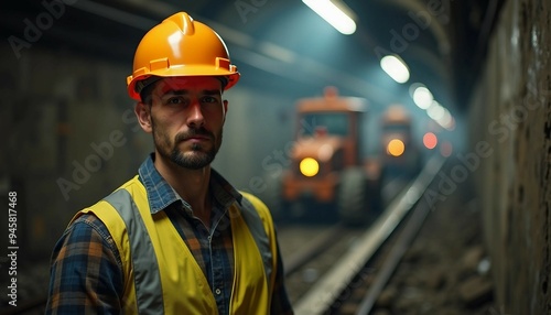 A young male construction engineer in a hard hat oversees an underground metro tunnel, exuding determination amid blurred workers.