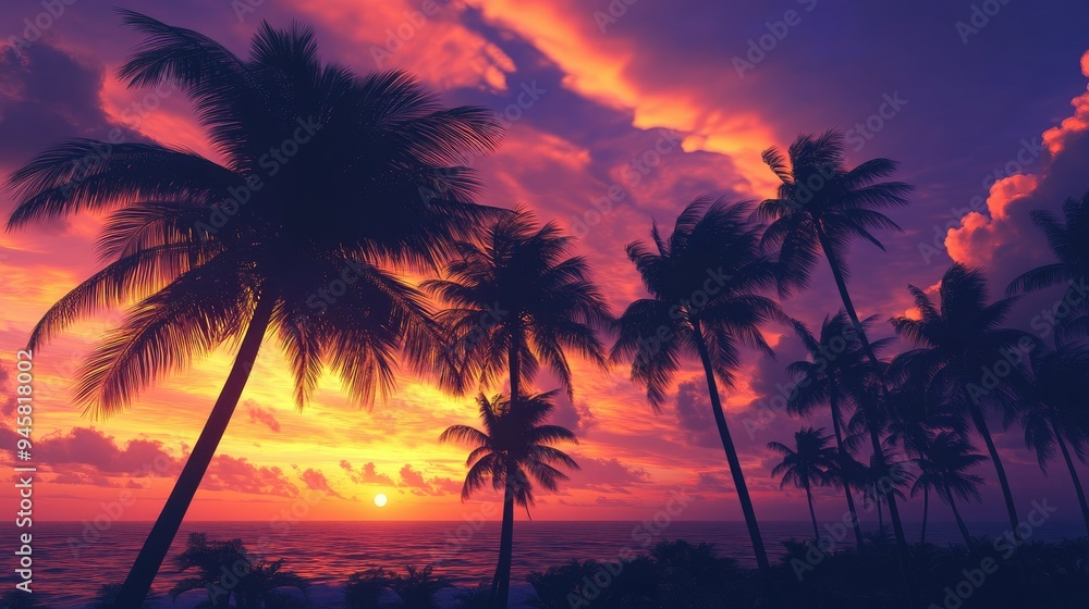 A beautiful sunset scene with palm trees swaying in the wind, with the sky transitioning from orange to deep purple, capturing the essence of a tropical evening. A beautiful sunset scene with palm trees swaying in the wind, with the sky transitioning from orange to deep purple, capturing the essence of a tropical evening.