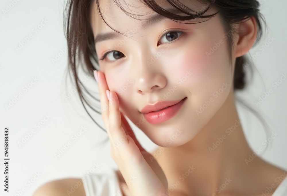 Stunning Japanese Beauty Portrait: Close-up of Smooth Skin, Pale Pink Lips, and Delicate Features, Against a White Background Stunning Japanese Beauty Portrait: Close-up of Smooth Skin, Pale Pink Lips, and Delicate Features, Against a White Background