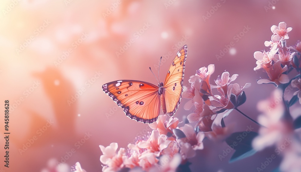 Peach Butterfly Resting on Pink Flower in Garden Peach Butterfly Resting on Pink Flower in Garden