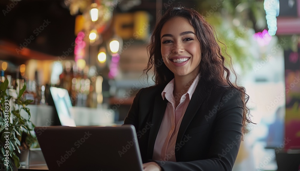 Smiling Young Latina Businesswoman Working on Laptop in Modern Office Smiling Young Latina Businesswoman Working on Laptop in Modern Office