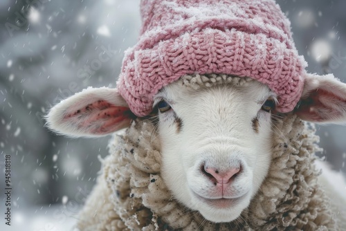 Unique marketing idea featuring a lamb dressed in a jersey and headband against a snowy backdrop photo