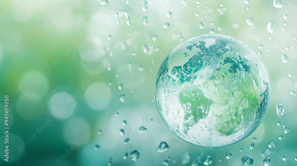 Symbolizing sustainability, green energy, and the environment, this globe contains water drops Symbolizing sustainability, green energy, and the environment, this globe contains water drops