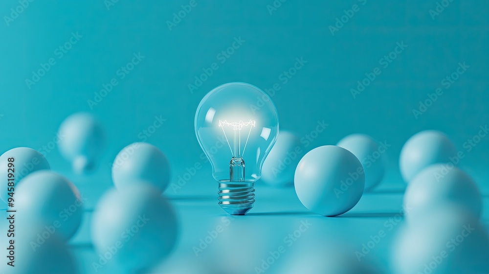 A clean and modern image of multiple blue light bulbs, with one lit bulb standing out against a solid blue background, perfect for highlighting originality. A clean and modern image of multiple blue light bulbs, with one lit bulb standing out against a solid blue background, perfect for highlighting originality.