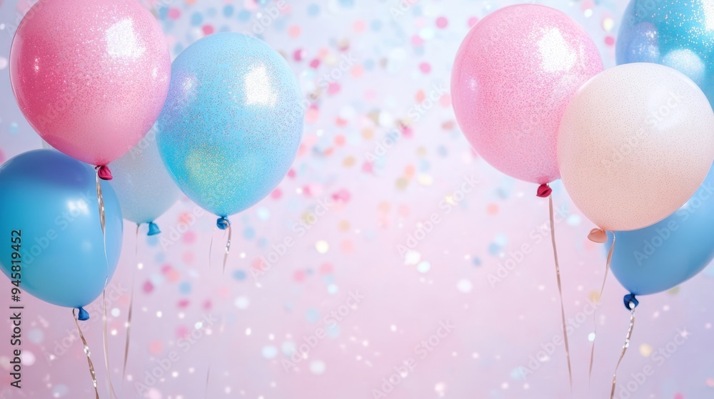 Celebration with pink and blue gender reveal balloons and glitter invitations for a baby shower Celebration with pink and blue gender reveal balloons and glitter invitations for a baby shower