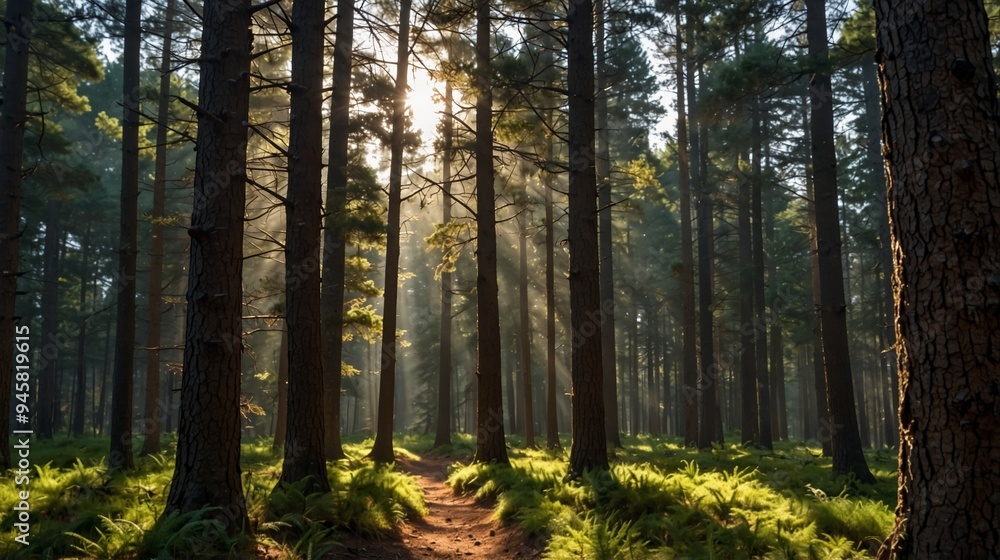 Obraz premium A towering pine forest with sunlight filtering through the canopy onto the ground.