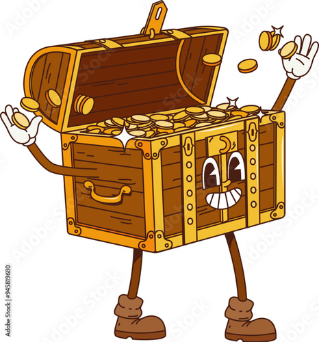 Retro cartoon groovy pirate and corsair treasure chest character. Isolated vector wooden truck is overflowing with gold coins. Loot personage with a smiling face, tossing coins joyfully into the air