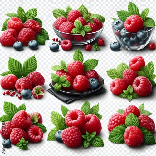 Collection set of fresh raspberries isolated on transparent background