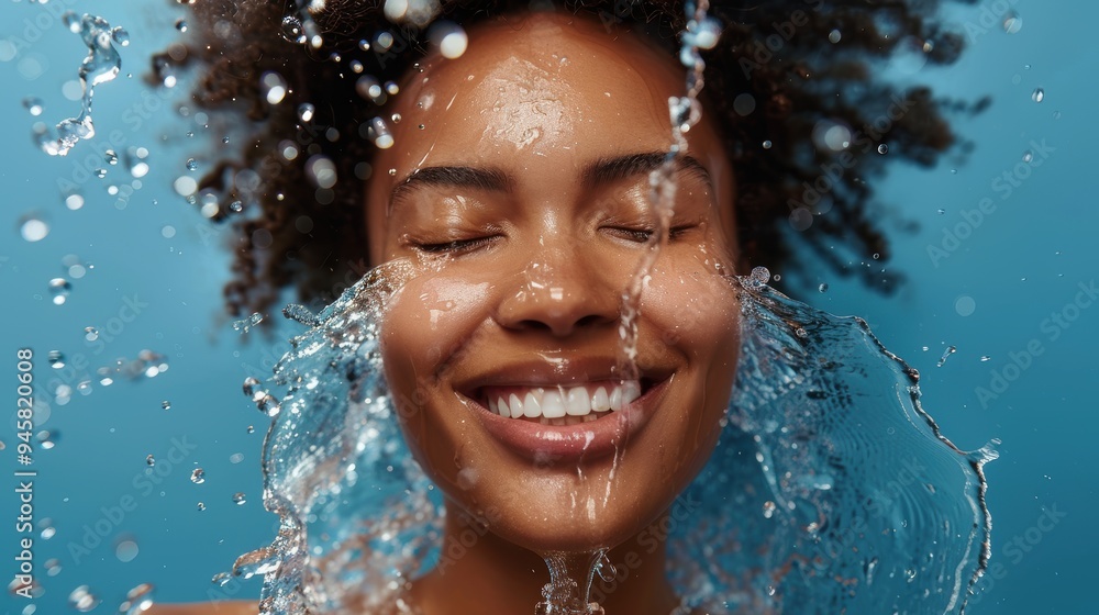 Black woman refreshing her face with water against a blue backdrop, emphasizing a healthy, beauty-focused morning routine for skincare and a joyful makeup removal experience Black woman refreshing her face with water against a blue backdrop, emphasizing a healthy, beauty-focused morning routine for skincare and a joyful makeup removal experience