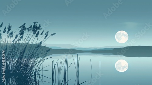 Chinese style artistic conception landscape lake surface and full moon photo