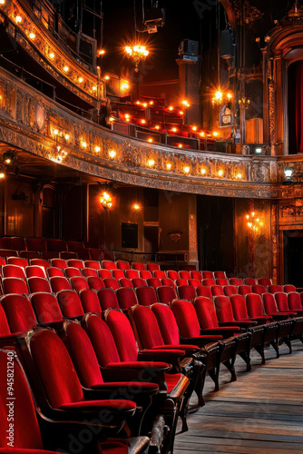 Elegant red velvet seats in an ornate theater illuminated by vintage lighting, showcasing the ambiance of a classic performance venue