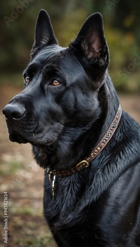 Detailed image of a black-coated German Shepherd-Cane Corso hybrid