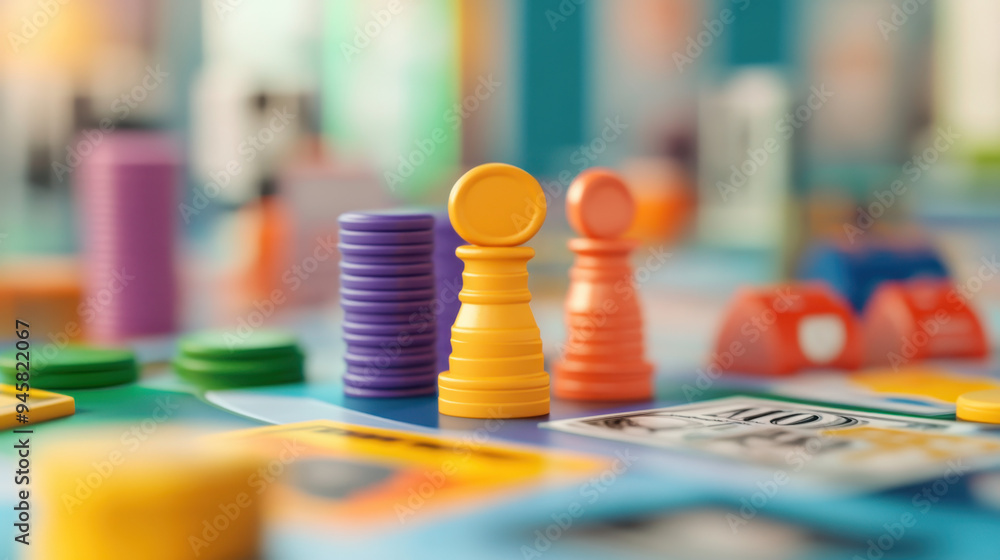 Colorful board game tokens and currency on a vibrant game board, emphasizing playfulness and strategy in a gaming session Colorful board game tokens and currency on a vibrant game board, emphasizing playfulness and strategy in a gaming session