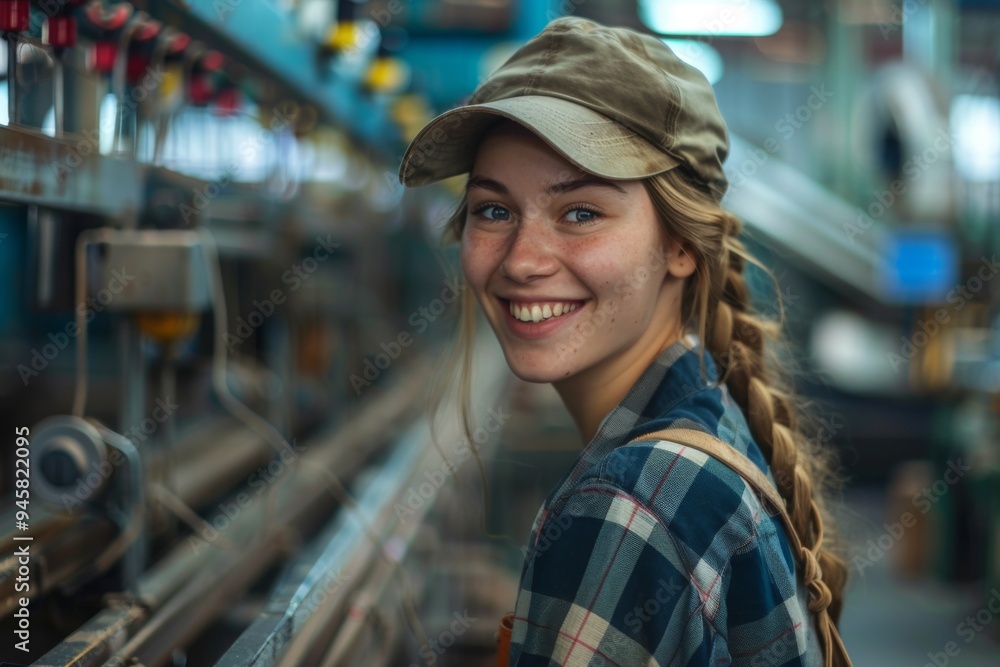 Portrait of a young female assembly line worker in factory Portrait of a young female assembly line worker in factory