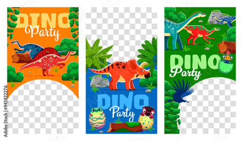 Kids dino party social media templates with funny prehistoric dinosaurs, vector frames. Dino park party or children entertainment event invitation post templates for social media transparent frames