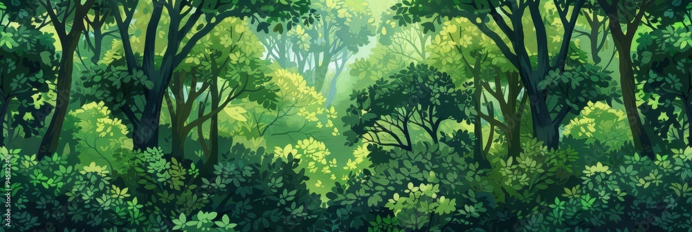 Obraz premium A vibrant and intricate seamless pattern background showcasing a lush forest with tall trees, dense foliage, and dappled sunlight. The pattern symbolizes nature's abundance, tranquility, and the inter