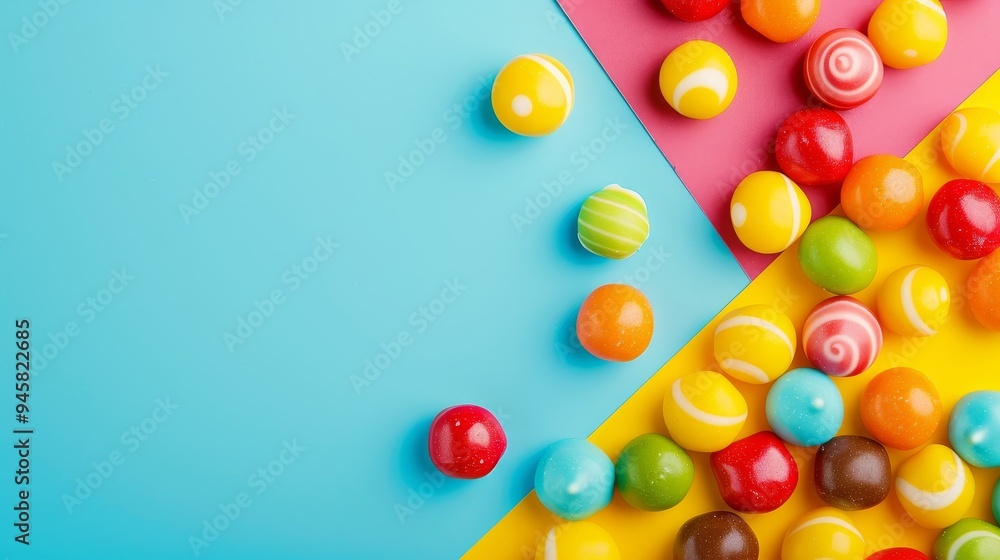 A vibrant and playful arrangement of colorful candies on a blue, yellow, and pink background. The candies symbolize happiness, sweetness, childhood joy, and the celebration of life's simple pleasures. A vibrant and playful arrangement of colorful candies on a blue, yellow, and pink background. The candies symbolize happiness, sweetness, childhood joy, and the celebration of life's simple pleasures.