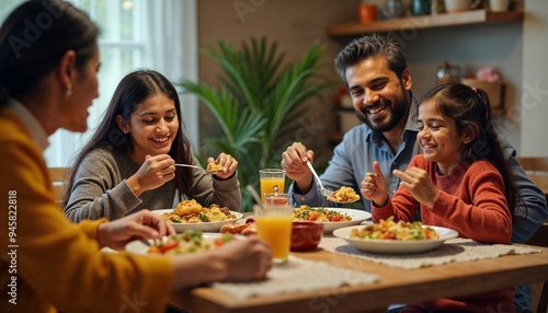 Indian young Family of four eating food at dining table at home or in restaurant. South Asian mother, father and two daughters having meal together