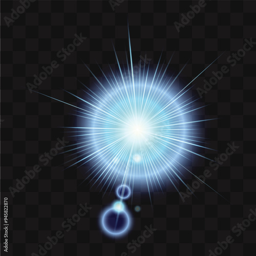 Sun rays shining with blue light, radial sun rays, sun promenades on transparent background, vector image