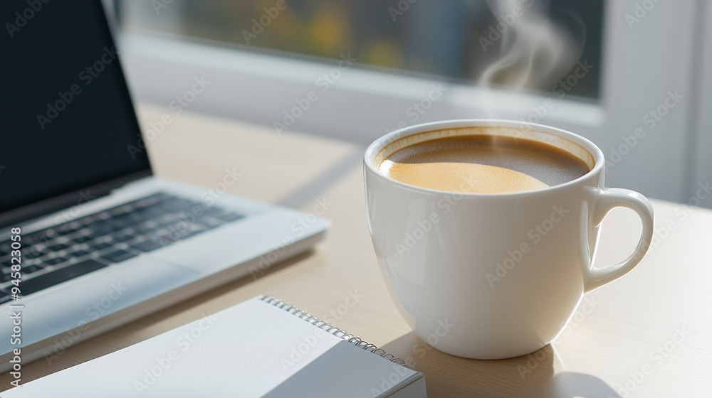 morning scene with steaming cup of coffee, open laptop and notebook, productive start to the day morning scene with steaming cup of coffee, open laptop and notebook, productive start to the day