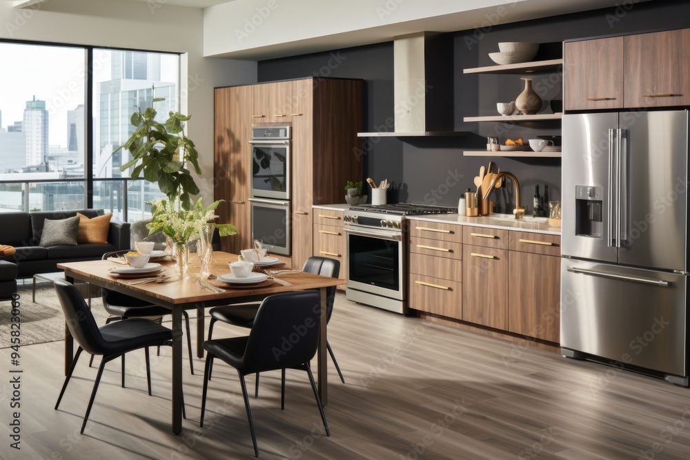 Modern luxury kitchen with island, open shelving, and sleek design Modern luxury kitchen with island, open shelving, and sleek design