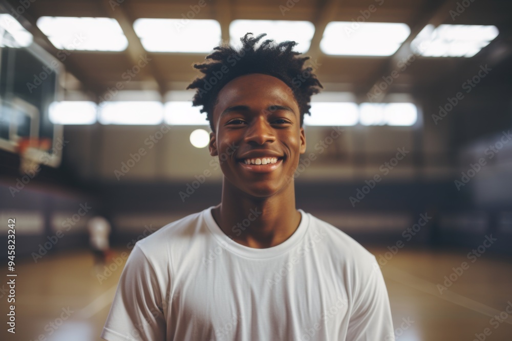 Portrait of a smiling male African American teenager in basketball gym Portrait of a smiling male African American teenager in basketball gym