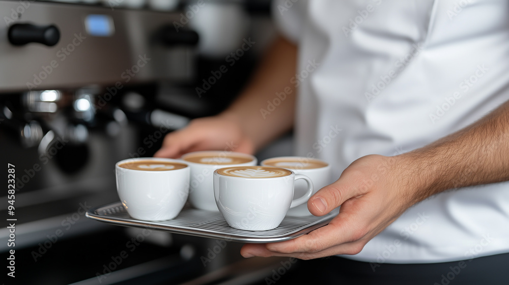 barista hands holding coffee cups on tray ready to be served to customers barista hands holding coffee cups on tray ready to be served to customers