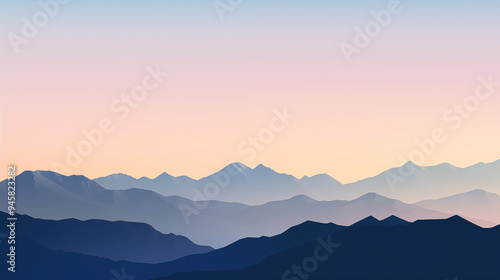 Serene Gradient Mountain Range at Sunrise Silhouetted Peaks with Soft Pastel Sky