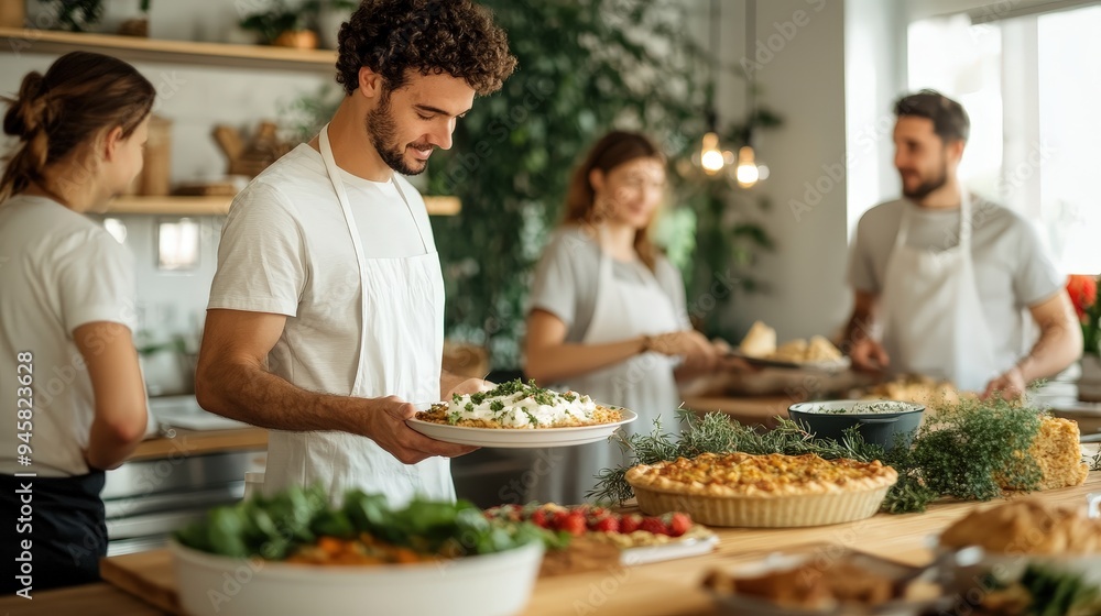Naklejka premium Gathering Together: A Heartwarming Thanksgiving Meal Preparation with Loved Ones in a Cozy Kitchen Setting