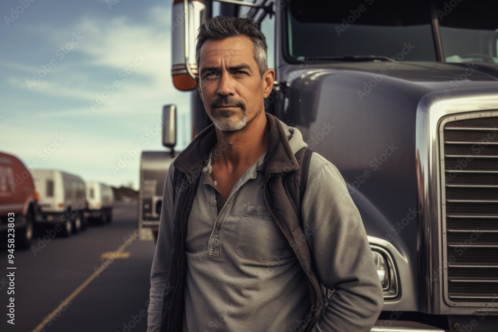 Portrait of a middle aged body positive Hispanic truck driver Portrait of a middle aged body positive Hispanic truck driver