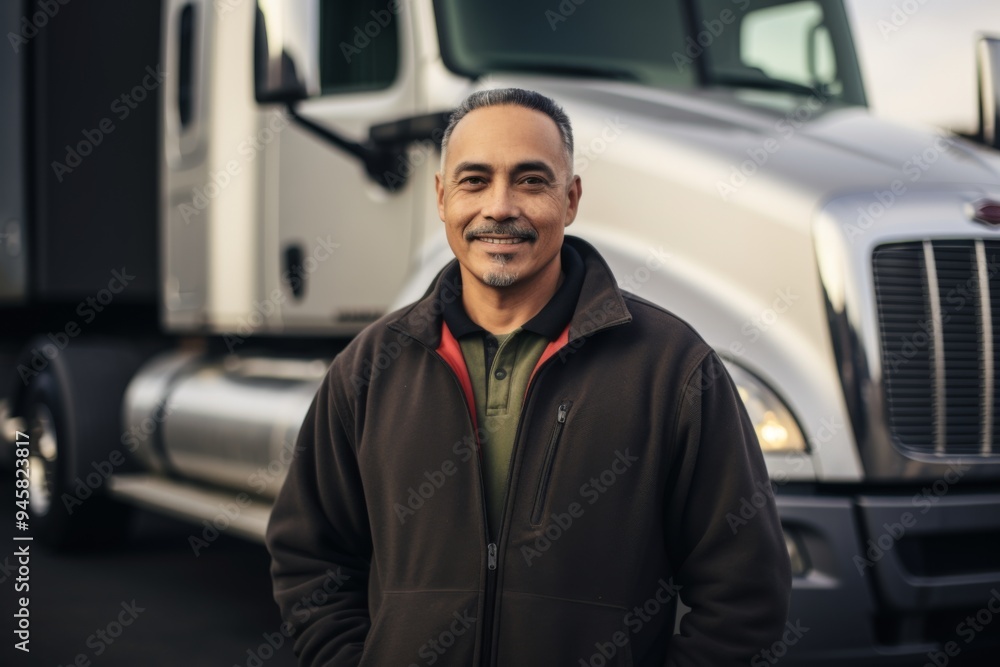 Portrait of a middle aged body positive Hispanic truck driver