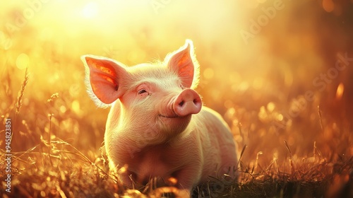 A peaceful pig enjoying the warmth of the sun, with a calm expression, set in a tranquil outdoor setting. Ideal for a warm, serene background.