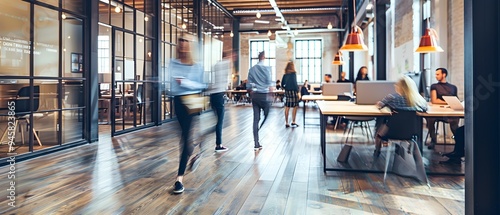 Contemporary coworking space featuring employees in motion blur, open workspace layout, glass walls, and wooden floors, fostering collaboration.