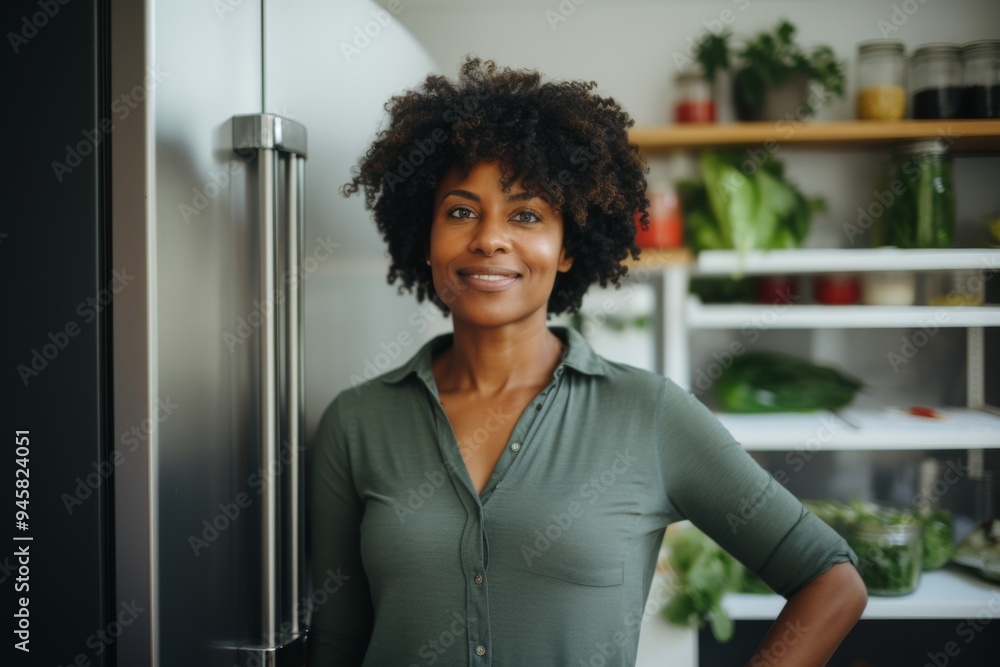 Portrait of a middle aged African American fit woman in healthy kitchen Portrait of a middle aged African American fit woman in healthy kitchen
