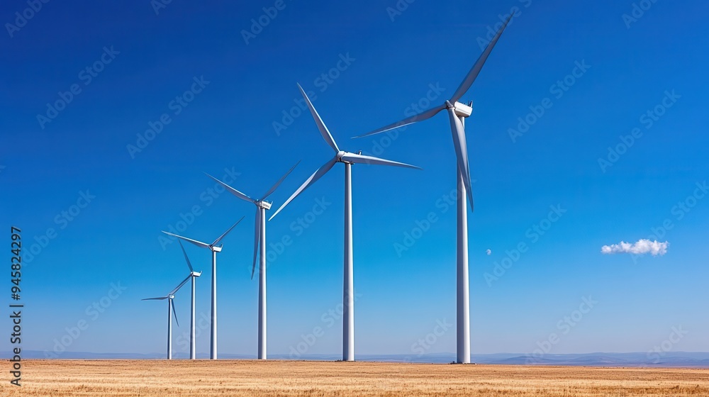 A row of wind turbines generating renewable energy under a clear blue sky, showcasing sustainable technology and clean power. A row of wind turbines generating renewable energy under a clear blue sky, showcasing sustainable technology and clean power.