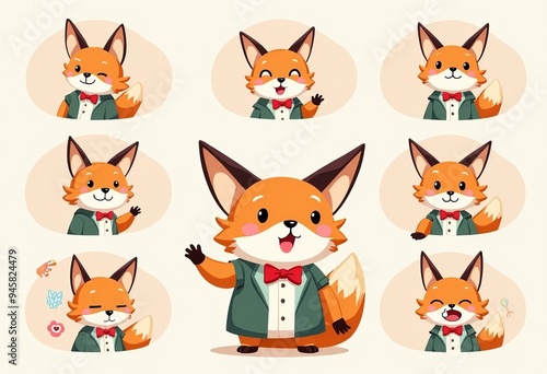 School Mascot Character: Happy Fox Wearing Bowtie and Vest - Split Screen Illustration