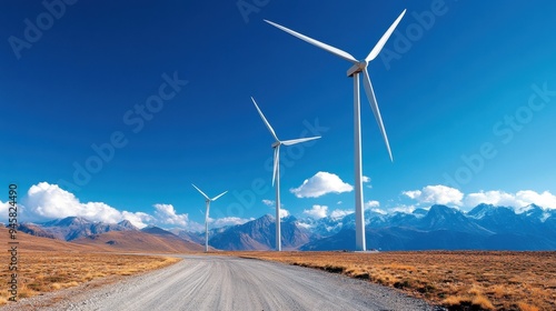 A scenic landscape featuring towering wind turbines under a clear blue sky, symbolizing renewable energy and sustainability.