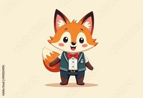 Cute Fox Mascot Design with Bowtie and Vest for School Life Illustrations - Happy Expression Sheet