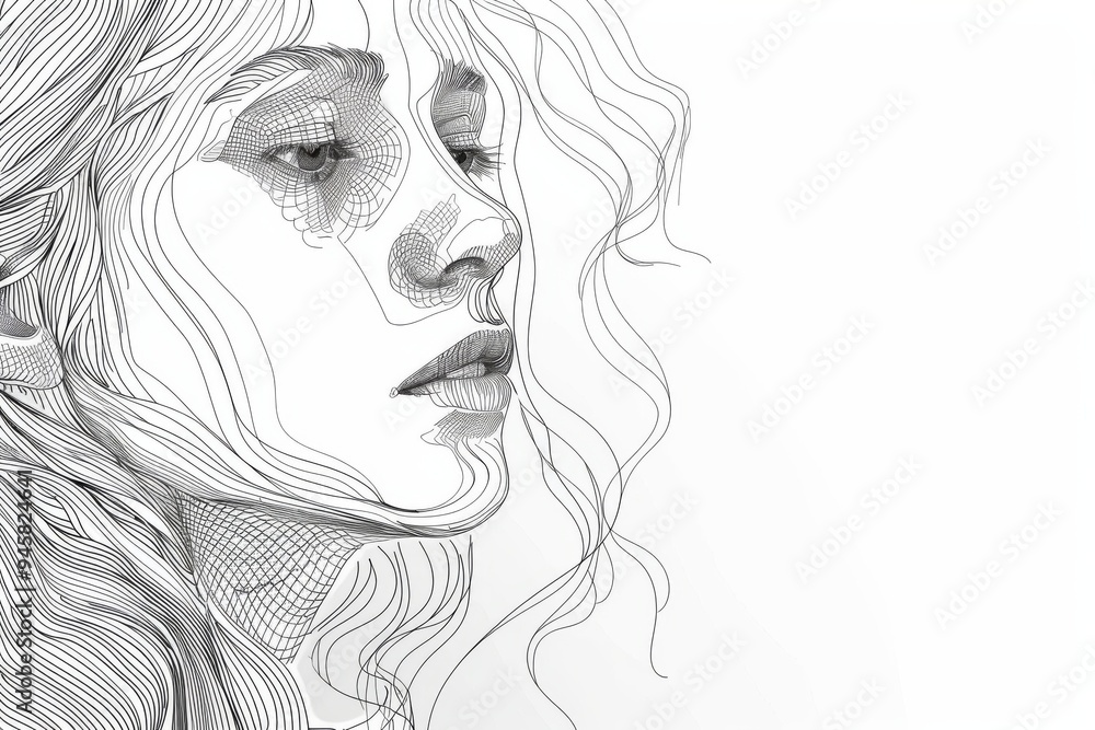 Detailed line drawing of a woman with flowing hair Detailed line drawing of a woman with flowing hair
