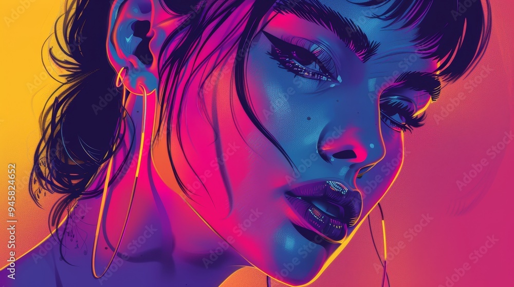 A vibrant digital illustration of a woman's face, illuminated by neon pink and blue lighting. Her dark hair and bold eyeliner create a striking contrast against the glowing background. The image evok A vibrant digital illustration of a woman's face, illuminated by neon pink and blue lighting. Her dark hair and bold eyeliner create a striking contrast against the glowing background. The image evok