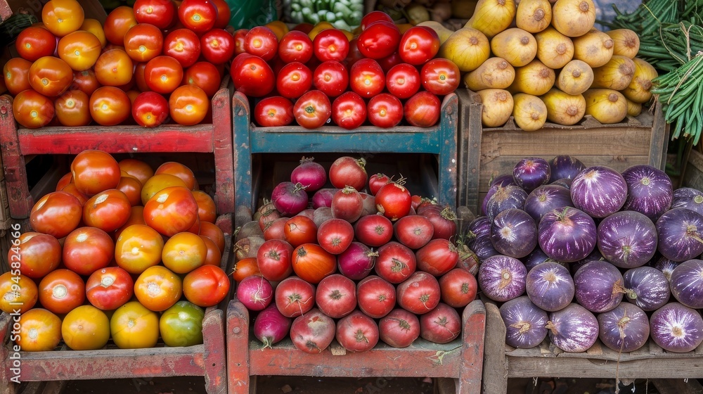 A vibrant display of fresh vegetables at a local market. The image captures the diversity of produce, including tomatoes, onions, and eggplants, symbolizing abundance, nourishment, and the connection A vibrant display of fresh vegetables at a local market. The image captures the diversity of produce, including tomatoes, onions, and eggplants, symbolizing abundance, nourishment, and the connection