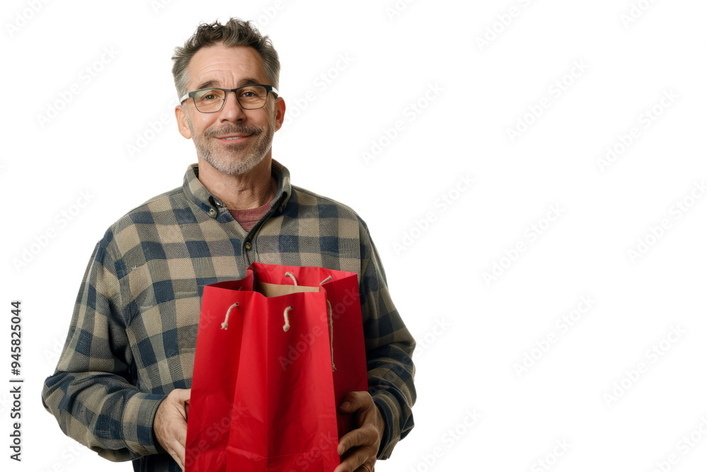 Middle-aged man proudly displaying single shopping bag, clean white setting Middle-aged man proudly displaying single shopping bag, clean white setting