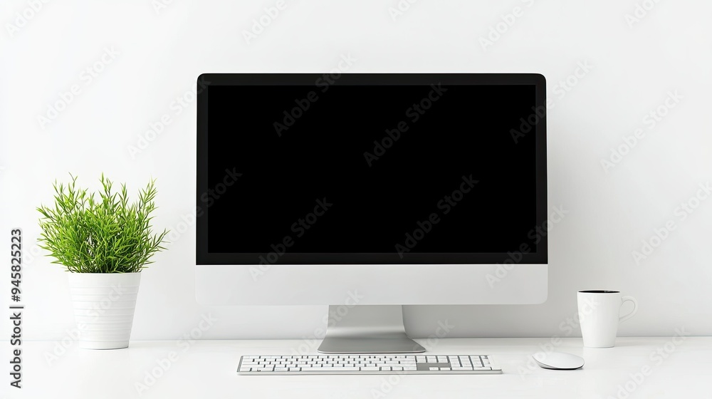 Fototapeta premium A sleek, minimalist desk setup featuring a computer, keyboard, and a potted plant, with a plain background. Perfect for a modern, uncluttered look.